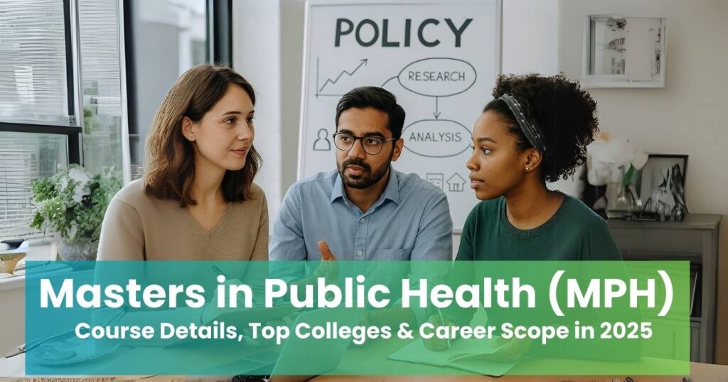 Three public health professionals collaborating at a desk, reviewing documents and data to develop health policies for community well-being